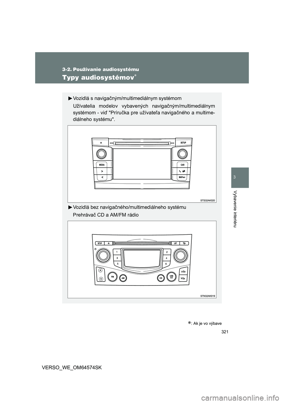 TOYOTA VERSO 2015  Návod na použitie (in Slovakian) 321
3
Vybavenie interiéru
VERSO_WE_OM64574SK
3-2. Používanie audiosystému
Typy audiosystémov
: Ak je vo výbave
Vozidlá s navigačným/multimediálnym systémom
Užívatelia modelov vybave