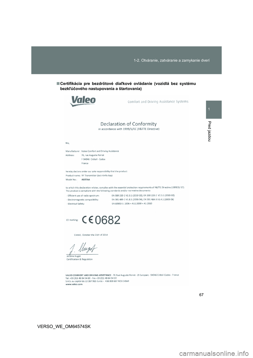TOYOTA VERSO 2015  Návod na použitie (in Slovakian) 67 
1-2. Otváranie, zatváranie a zamykanie dverí
1
Pred jazdou
VERSO_WE_OM64574SK
■ Certifikácia pre bezdrôtové diaľkové ovládanie (vozidlá bez systému 
bezk ľúčového nastupovania a 