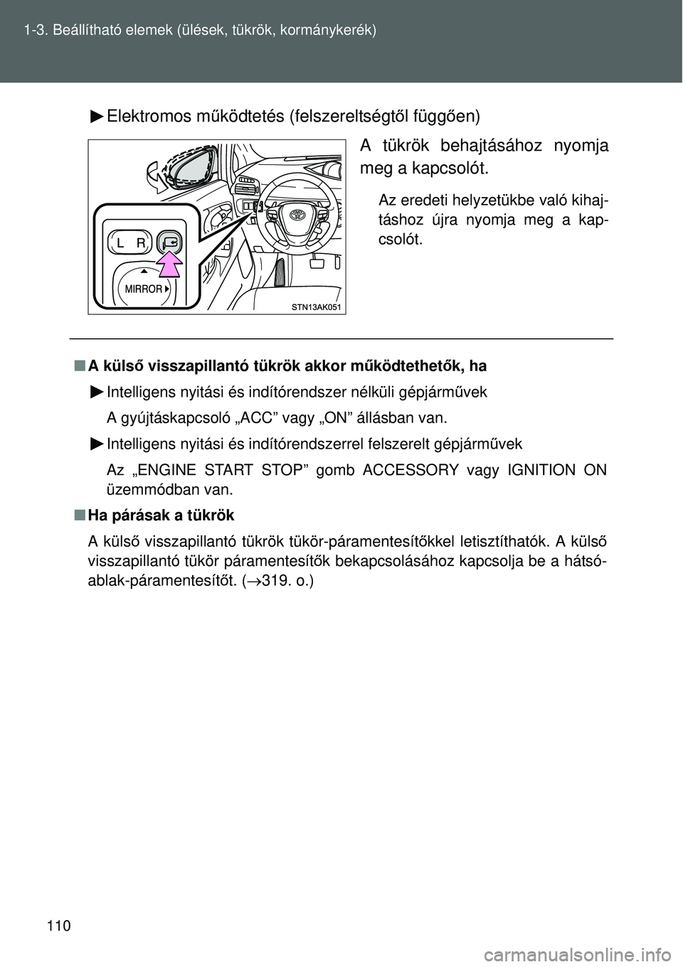 TOYOTA VERSO 2015 Kezelési útmutató (in Hungarian) 110
1-3. Beállítható elemek (ü
lések, tükrök, kormánykerék)
Elektromos működtetés (felszereltségt ől függ ően)
A tükrök behajtásához nyomja
meg a kapcsolót.
Az eredeti helyzetükb TOYOTA VERSO 2015 Kezelési útmutató (in Hungarian) 110
1-3. Beállítható elemek (ü
lések, tükrök, kormánykerék)
Elektromos működtetés (felszereltségt ől függ ően)
A tükrök behajtásához nyomja
meg a kapcsolót.
Az eredeti helyzetükb
