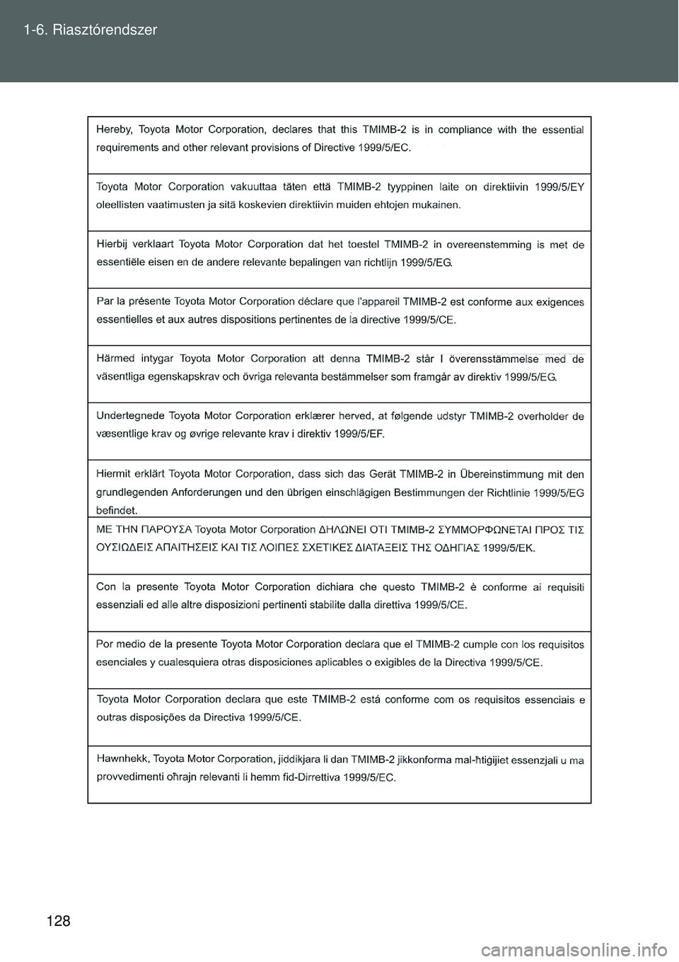 TOYOTA VERSO 2015  Kezelési útmutató (in Hungarian) 128
1-6. Riasztórendszer 