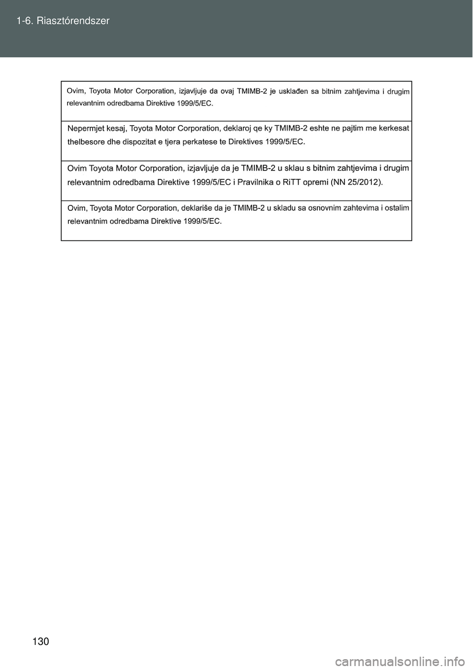 TOYOTA VERSO 2015  Kezelési útmutató (in Hungarian) 130
1-6. Riasztórendszer 