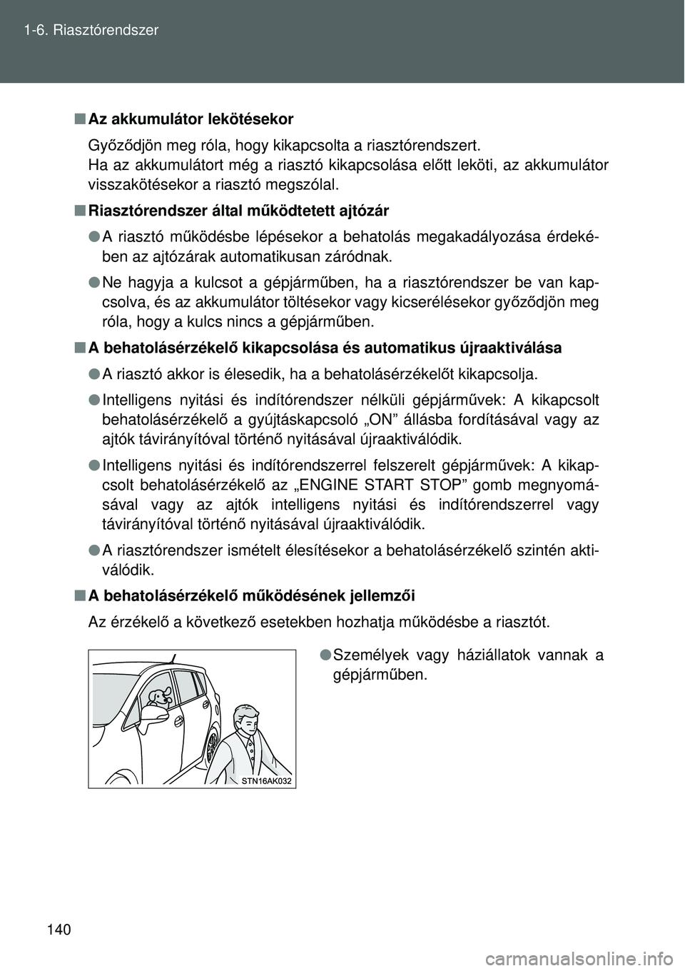 TOYOTA VERSO 2015 Kezelési útmutató (in Hungarian) 140
1-6. Riasztórendszer
Az akkumulátor lekötésekor
Gy őző djön meg róla, hogy kikapcsolta a riasztórendszert.
Ha az akkumulátort még a riasztó kikapcsolása el őtt leköti, az akkumu TOYOTA VERSO 2015 Kezelési útmutató (in Hungarian) 140
1-6. Riasztórendszer
Az akkumulátor lekötésekor
Gy őző djön meg róla, hogy kikapcsolta a riasztórendszert.
Ha az akkumulátort még a riasztó kikapcsolása el őtt leköti, az akkumu