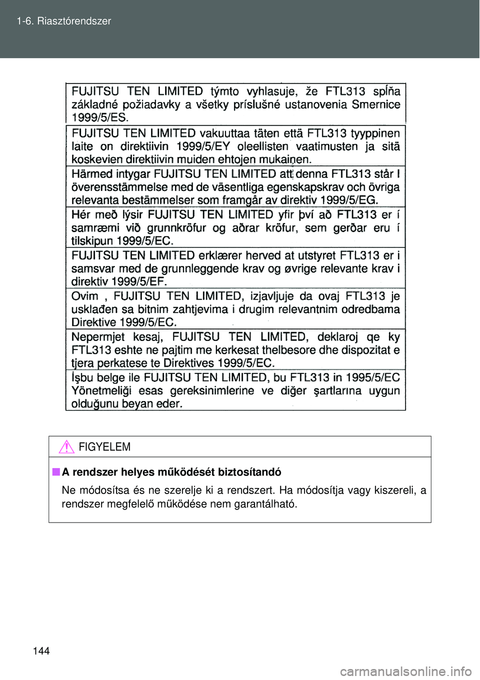 TOYOTA VERSO 2015 Kezelési útmutató (in Hungarian) 144
1-6. Riasztórendszer
FIGYELEM
A rendszer helyes m űködését biztosítandó
Ne módosítsa és ne szerelje ki a rendszert. Ha módosítja vagy kiszereli, \
a
rendszer megfelel ő m űködé TOYOTA VERSO 2015 Kezelési útmutató (in Hungarian) 144
1-6. Riasztórendszer
FIGYELEM
A rendszer helyes m űködését biztosítandó
Ne módosítsa és ne szerelje ki a rendszert. Ha módosítja vagy kiszereli, \
a
rendszer megfelel ő m űködé