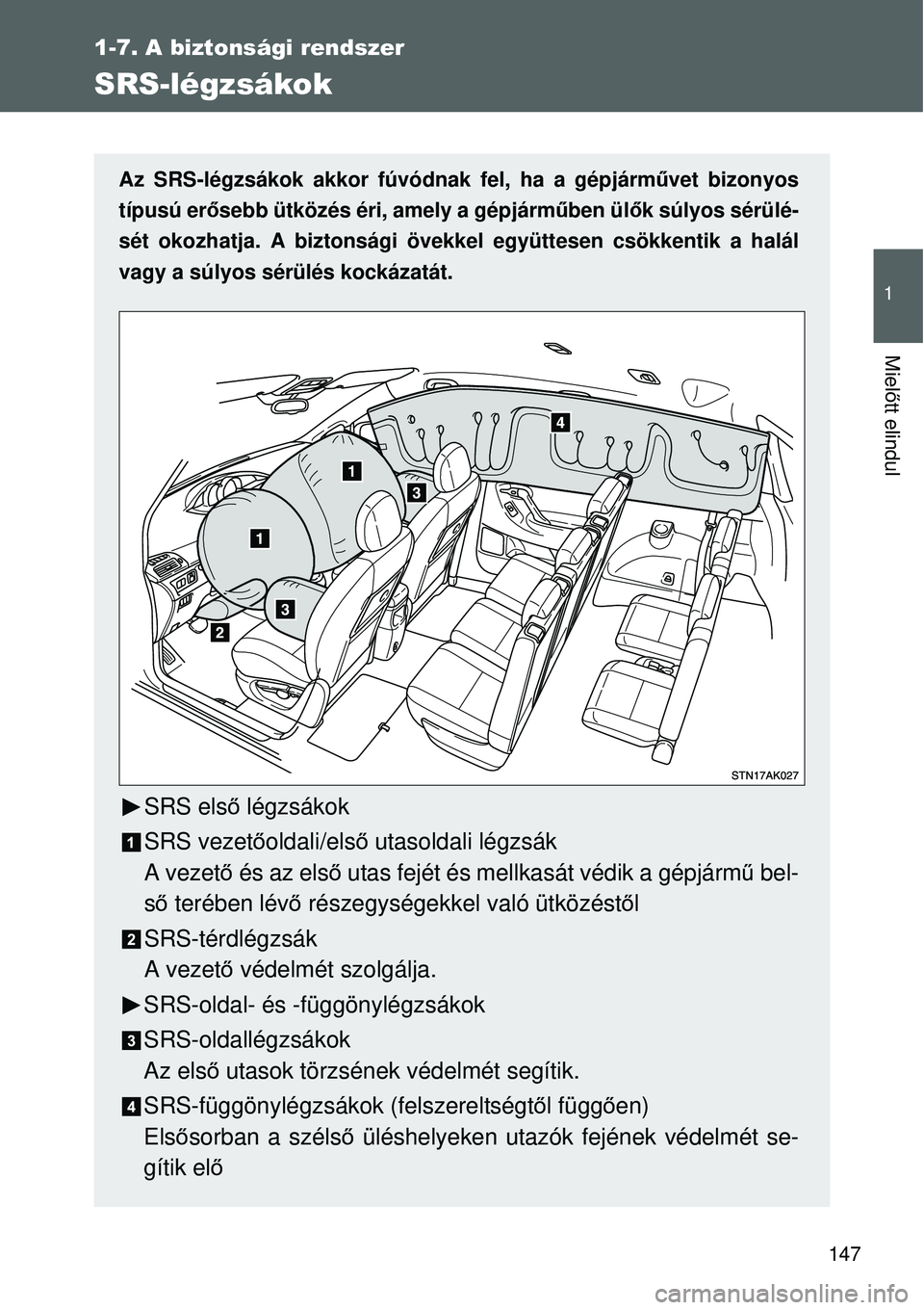 TOYOTA VERSO 2015 Kezelési útmutató (in Hungarian) 147
1
1-7. A biztonsági rendszer
Mielőtt elindul
SRS-légzsákok
Az SRS-légzsákok akkor fúvódnak fel, ha a gépjárm űvet bizonyos
típusú er ősebb ütközés éri, amely a gépjárműben ül TOYOTA VERSO 2015 Kezelési útmutató (in Hungarian) 147
1
1-7. A biztonsági rendszer
Mielőtt elindul
SRS-légzsákok
Az SRS-légzsákok akkor fúvódnak fel, ha a gépjárm űvet bizonyos
típusú er ősebb ütközés éri, amely a gépjárműben ül