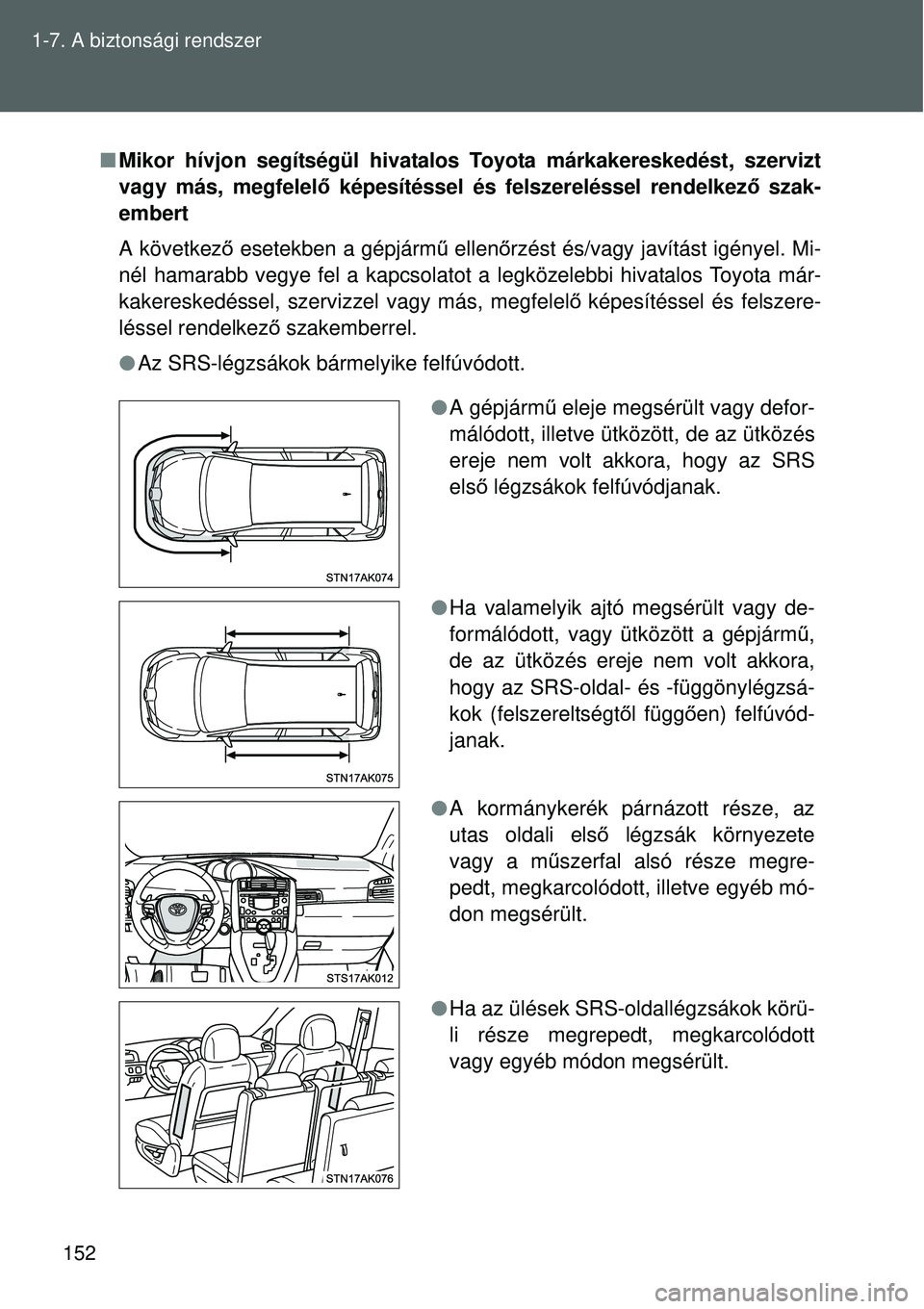 TOYOTA VERSO 2015 Kezelési útmutató (in Hungarian) 152
1-7. A biztonsági rendszer
Mikor hívjon segítségül hivatalos Toyota márkakereskedést, szervizt
vagy más, megfelel ő képesítéssel és felszereléssel rendelkez ő szak-
embert
A kö TOYOTA VERSO 2015 Kezelési útmutató (in Hungarian) 152
1-7. A biztonsági rendszer
Mikor hívjon segítségül hivatalos Toyota márkakereskedést, szervizt
vagy más, megfelel ő képesítéssel és felszereléssel rendelkez ő szak-
embert
A kö