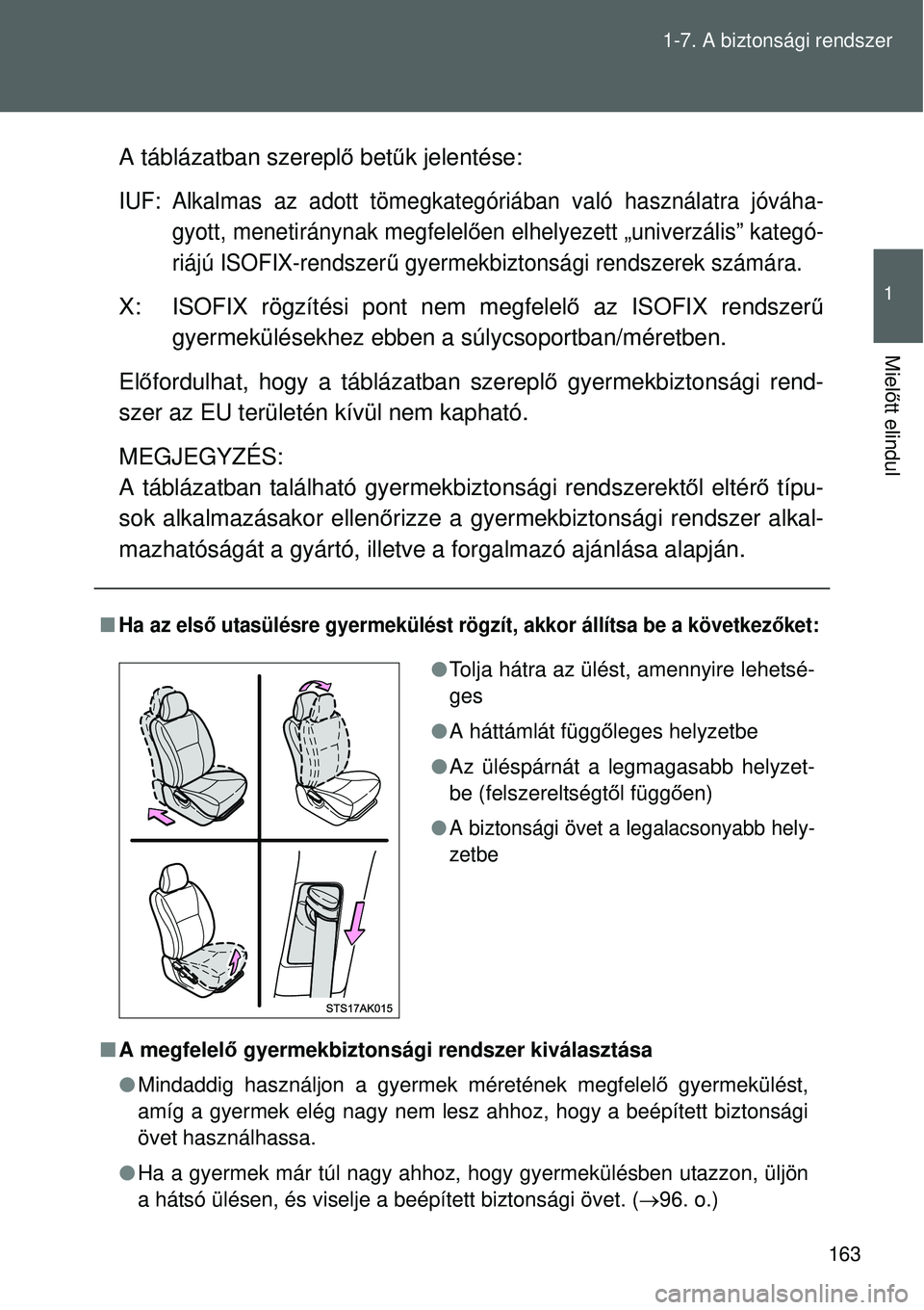 TOYOTA VERSO 2015 Kezelési útmutató (in Hungarian) 163
1-7. A biztonsági rendszer
1
Miel
őtt elindul
A táblázatban szerepl ő betű k jelentése:
IUF: Alkalmas az adott tömegkateg óriában való használatra jóváha-
gyott, menetiránynak megfe TOYOTA VERSO 2015 Kezelési útmutató (in Hungarian) 163
1-7. A biztonsági rendszer
1
Miel
őtt elindul
A táblázatban szerepl ő betű k jelentése:
IUF: Alkalmas az adott tömegkateg óriában való használatra jóváha-
gyott, menetiránynak megfe