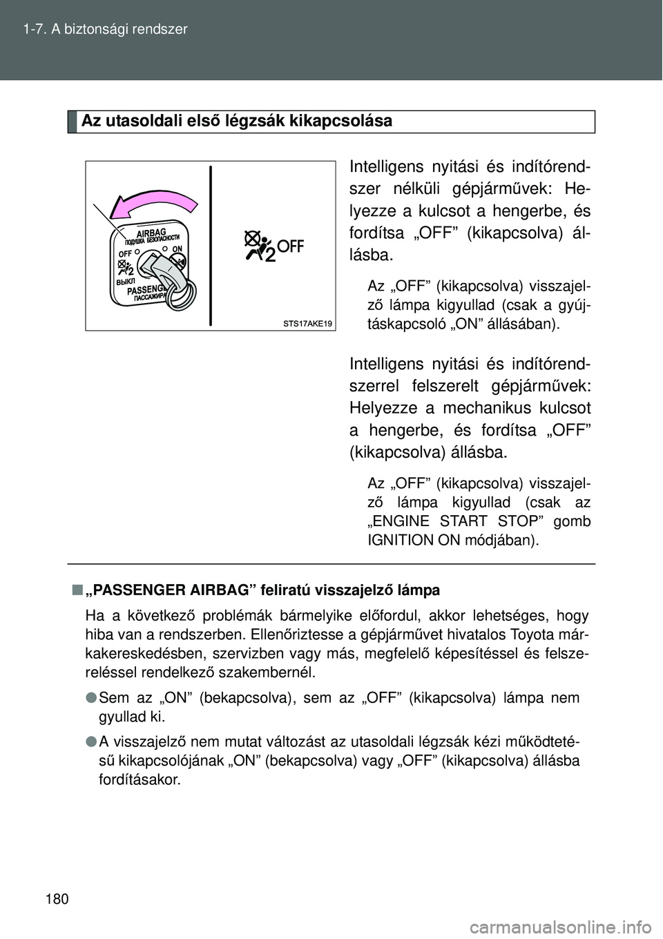 TOYOTA VERSO 2015 Kezelési útmutató (in Hungarian) 180
1-7. A biztonsági rendszer
Az utasoldali első légzsák kikapcsolása
Intelligens nyitási és indítórend-
szer nélküli gépjárművek: He-
lyezze a kulcsot a hengerbe, és
fordítsa „OFF TOYOTA VERSO 2015 Kezelési útmutató (in Hungarian) 180
1-7. A biztonsági rendszer
Az utasoldali első légzsák kikapcsolása
Intelligens nyitási és indítórend-
szer nélküli gépjárművek: He-
lyezze a kulcsot a hengerbe, és
fordítsa „OFF