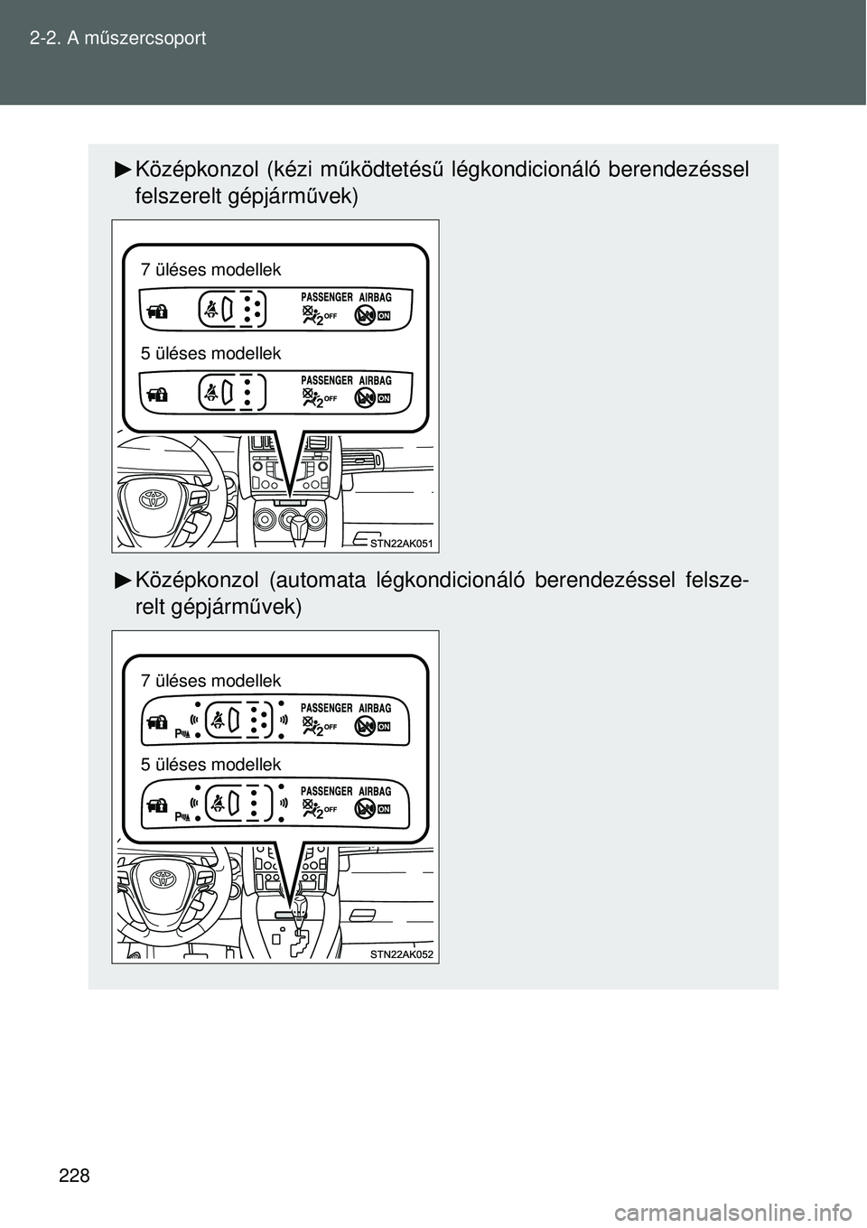 TOYOTA VERSO 2015 Kezelési útmutató (in Hungarian) 228
2-2. A m
űszercsoport
Középkonzol (kézi m űködtetés ű légkondicionáló berendezéssel
felszerelt gépjármű vek)
Középkonzol (automata légkondi cionáló berendezéssel felsze-
relt TOYOTA VERSO 2015 Kezelési útmutató (in Hungarian) 228
2-2. A m
űszercsoport
Középkonzol (kézi m űködtetés ű légkondicionáló berendezéssel
felszerelt gépjármű vek)
Középkonzol (automata légkondi cionáló berendezéssel felsze-
relt