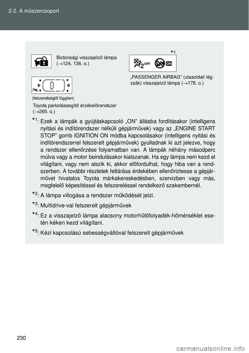 TOYOTA VERSO 2015 Kezelési útmutató (in Hungarian) 230
2-2. A m
űszercsoport
*1: Ezek a lámpák a gyújtáskapcsoló „ON” állásba fordításakor (intelligens
nyitási és indítórendszer nélküli gépjárm űvek) vagy az „ENGINE START
STO TOYOTA VERSO 2015 Kezelési útmutató (in Hungarian) 230
2-2. A m
űszercsoport
*1: Ezek a lámpák a gyújtáskapcsoló „ON” állásba fordításakor (intelligens
nyitási és indítórendszer nélküli gépjárm űvek) vagy az „ENGINE START
STO
