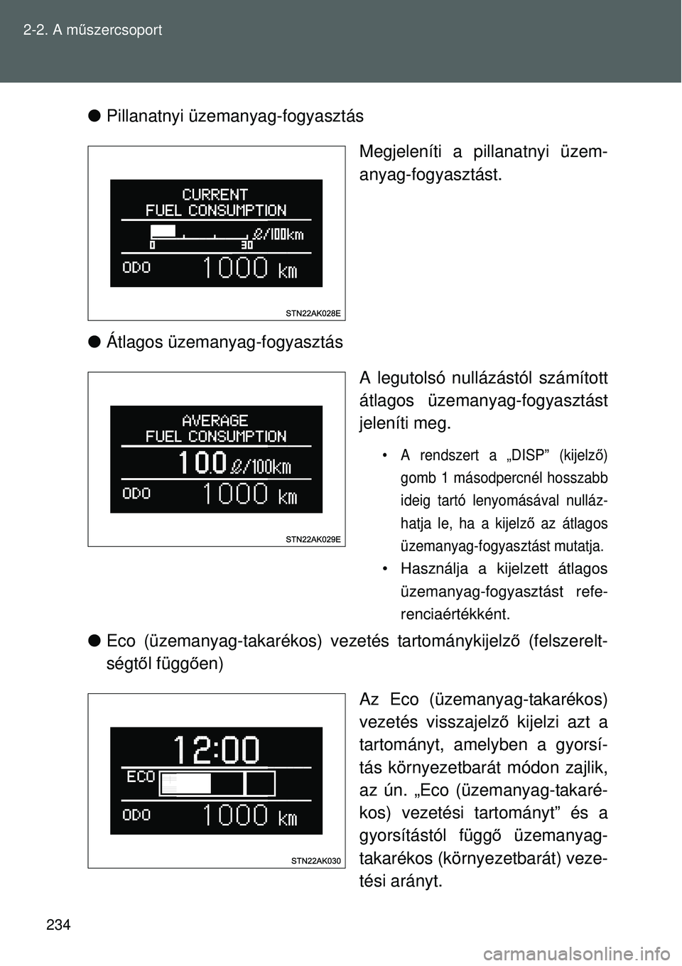 TOYOTA VERSO 2015 Kezelési útmutató (in Hungarian) 234
2-2. A m
űszercsoport
Pillanatnyi üzemanyag-fogyasztás
Megjeleníti a pillanatnyi üzem-
anyag-fogyasztást.
Átlagos üzemanyag-fogyasztás
A legutolsó nullázástól számított
át TOYOTA VERSO 2015 Kezelési útmutató (in Hungarian) 234
2-2. A m
űszercsoport
Pillanatnyi üzemanyag-fogyasztás
Megjeleníti a pillanatnyi üzem-
anyag-fogyasztást.
Átlagos üzemanyag-fogyasztás
A legutolsó nullázástól számított
át
