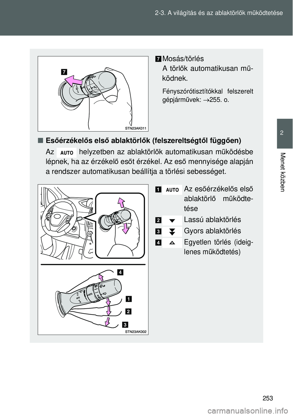 TOYOTA VERSO 2015 Kezelési útmutató (in Hungarian) 253
2-3. A világítás és az ablaktörl
ők m űködtetése
2
Menet közben
Mosás/törlés
A törlő k automatikusan m ű-
ködnek.
Fényszórótisztítókkal felszerelt
gépjármű vek:
255. TOYOTA VERSO 2015 Kezelési útmutató (in Hungarian) 253
2-3. A világítás és az ablaktörl
ők m űködtetése
2
Menet közben
Mosás/törlés
A törlő k automatikusan m ű-
ködnek.
Fényszórótisztítókkal felszerelt
gépjármű vek:
255.