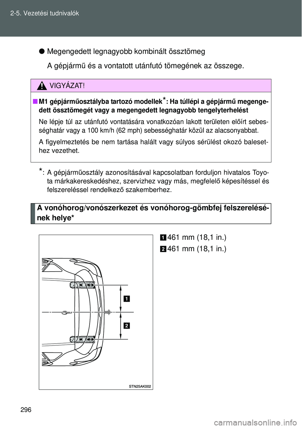TOYOTA VERSO 2015  Kezelési útmutató (in Hungarian) 296
2-5. Vezetési tudnivalók

Megengedett legnagyobb kombinált össztömeg
A gépjárm ű és a vontatott utánfutó tömegének az összege.
*: A gépjárm űosztály azonosításával kapcsola