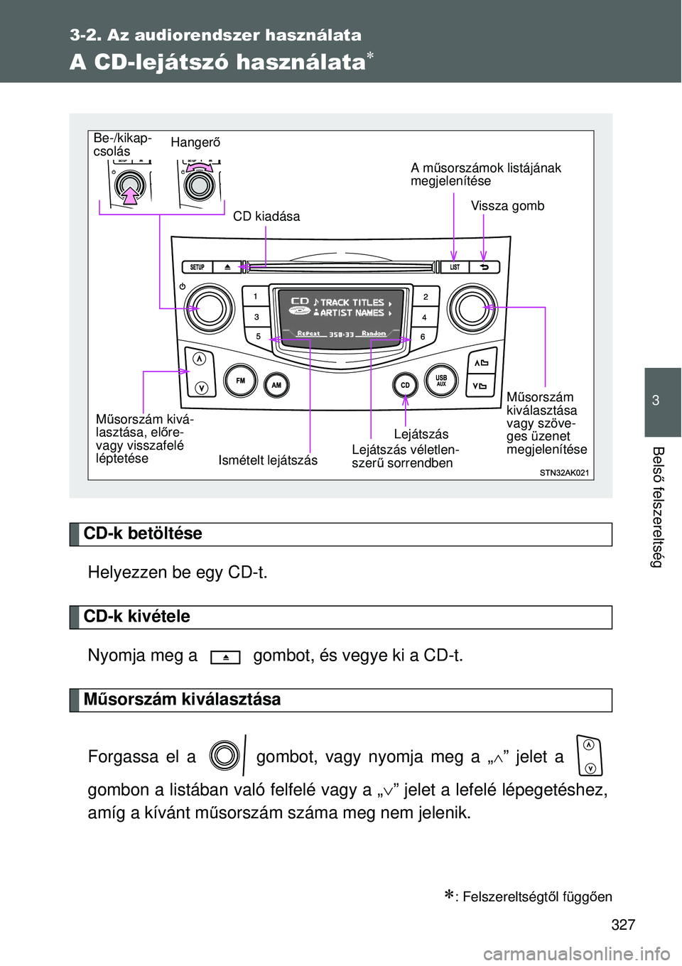 TOYOTA VERSO 2015 Kezelési útmutató (in Hungarian) 327
3-2. Az audiorendszer használata
3
Belső felszereltség
A CD-lejátszó használata
CD-k betöltése
Helyezzen be egy CD-t.
CD-k kivételeNyomja meg a gombot, és vegye ki a CD-t.
M űsorsz TOYOTA VERSO 2015 Kezelési útmutató (in Hungarian) 327
3-2. Az audiorendszer használata
3
Belső felszereltség
A CD-lejátszó használata
CD-k betöltése
Helyezzen be egy CD-t.
CD-k kivételeNyomja meg a gombot, és vegye ki a CD-t.
M űsorsz