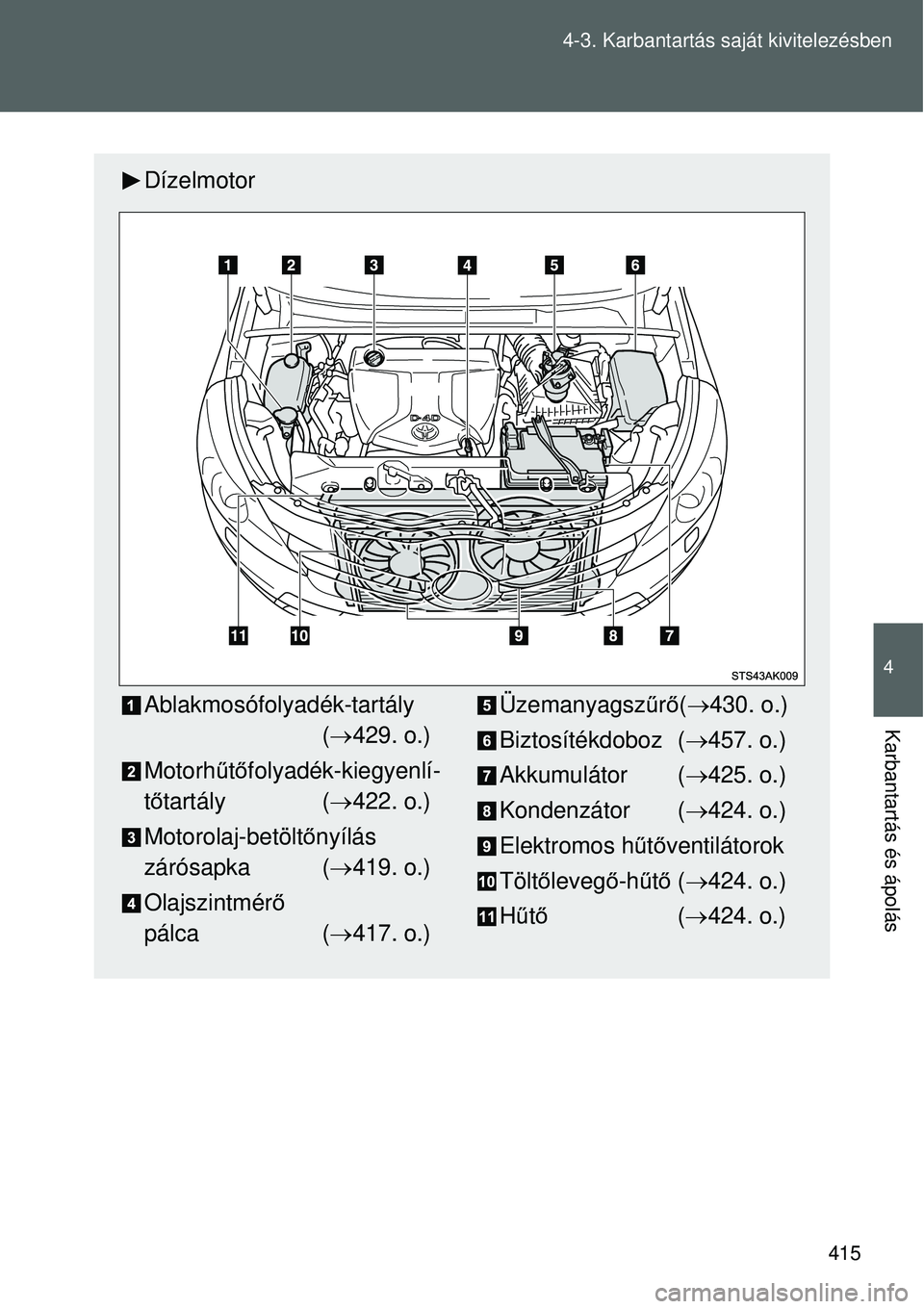 TOYOTA VERSO 2015  Kezelési útmutató (in Hungarian) 415
4-3. Karbantartás saját kivitelezésben
4
Karbantartás és ápolás
Dízelmotor
Ablakmosófolyadék-tartály
( 429. o.)
Motorh űtő folyadék-kiegyenlí-
t ő tartály ( 422. o.)
Motorol
