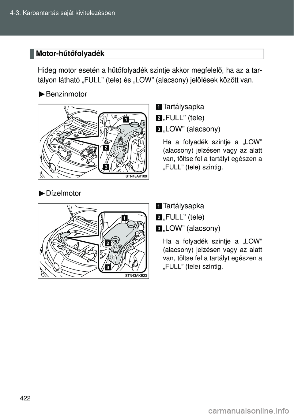 TOYOTA VERSO 2015 Kezelési útmutató (in Hungarian) 422
4-3. Karbantartás saját kivitelezésben
Motor-hűt
őfolyadék
Hideg motor esetén a h űtő folyadék szintje akkor megfelel ő, ha az a tar-
tályon látható „FULL” (tele) és „L OW” TOYOTA VERSO 2015 Kezelési útmutató (in Hungarian) 422
4-3. Karbantartás saját kivitelezésben
Motor-hűt
őfolyadék
Hideg motor esetén a h űtő folyadék szintje akkor megfelel ő, ha az a tar-
tályon látható „FULL” (tele) és „L OW”
