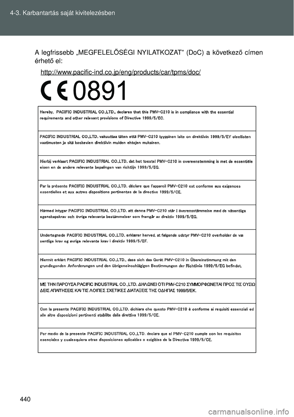 TOYOTA VERSO 2015  Kezelési útmutató (in Hungarian) 440
4-3. Karbantartás saját kivitelezésben
A legfrissebb „MEGFELEL
ŐSÉGI NYILATKOZAT” (DoC) a következ ő címen
érhet ő el:
http://www.pacific-ind.co.jp/eng/products/car/tpms/doc/ 