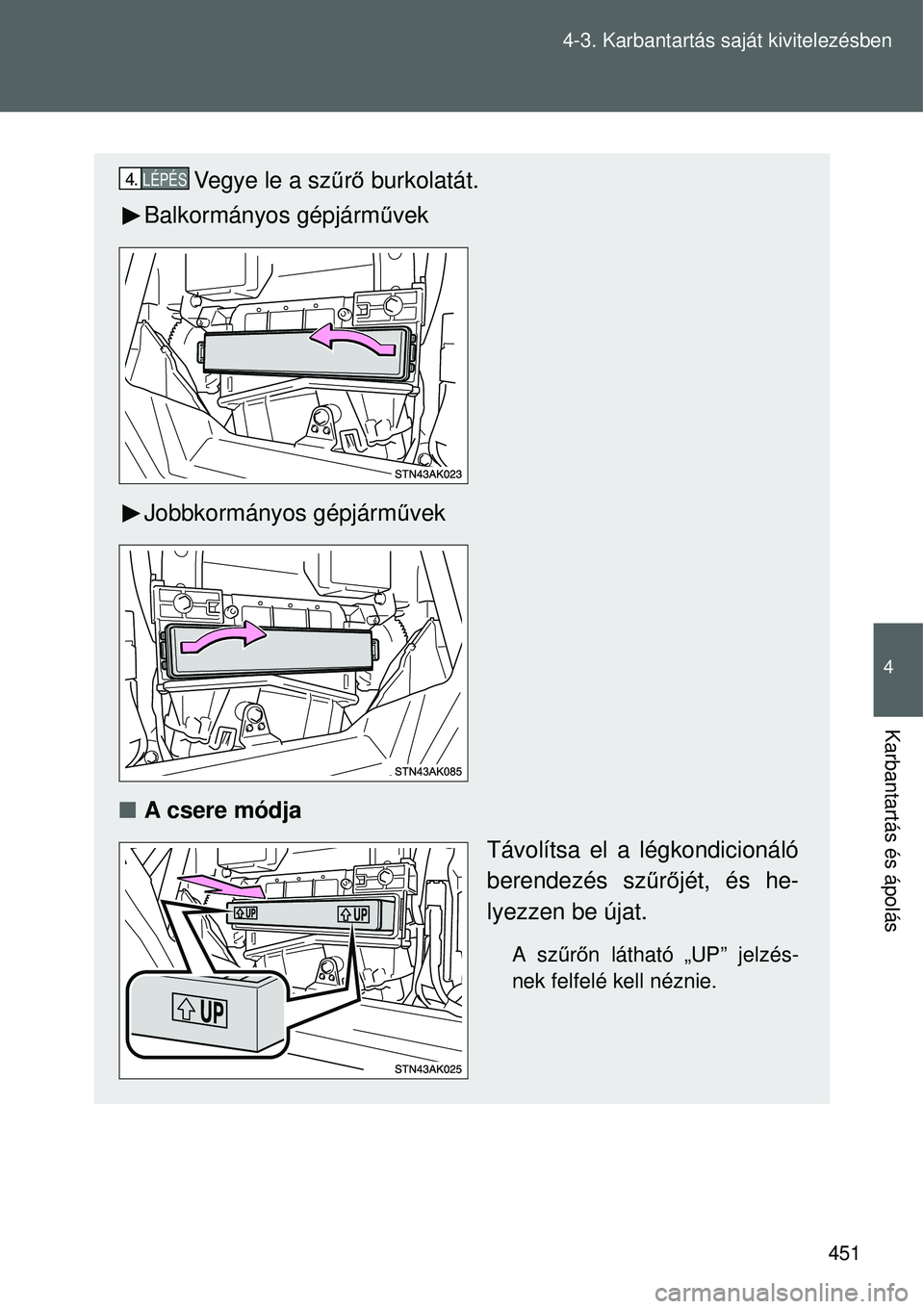 TOYOTA VERSO 2015  Kezelési útmutató (in Hungarian) 451
4-3. Karbantartás saját kivitelezésben
4
Karbantartás és ápolás
Vegye le a sz
űrő  burkolatát.
Balkormányos gépjárm űvek
Jobbkormányos gépjárm űvek
 A csere módja
Távolítsa