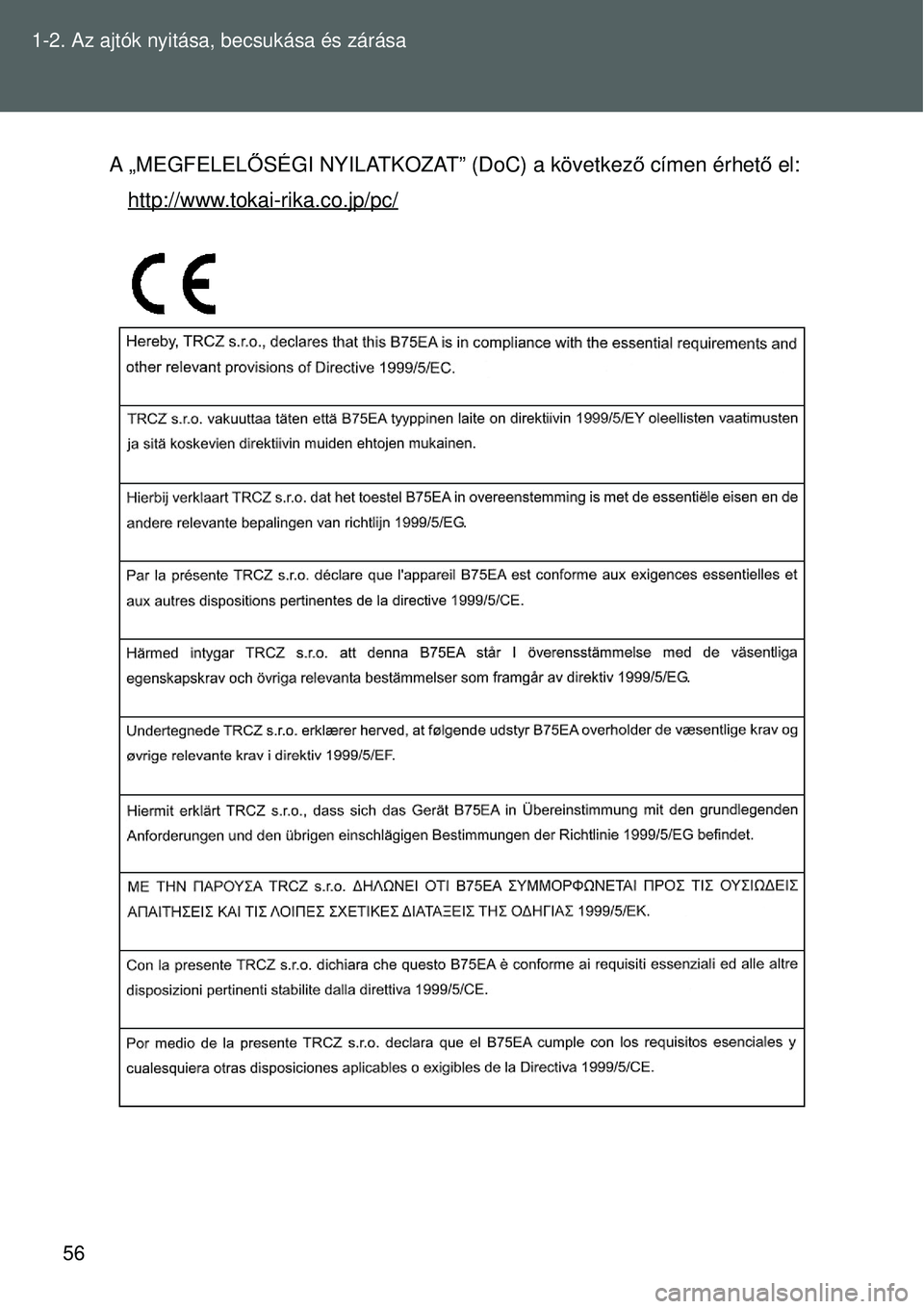 TOYOTA VERSO 2015  Kezelési útmutató (in Hungarian) 56
1-2. Az ajtók nyitása, becsukása és zárása
A „MEGFELELŐSÉGI NYILATKOZAT” (DoC) a következ
ő címen érhető  el:
http://www.tokai-rika.co.jp/pc/ 