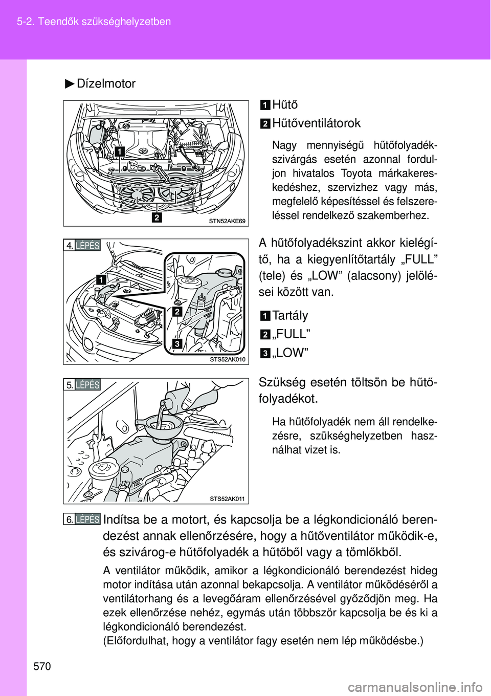 TOYOTA VERSO 2015 Kezelési útmutató (in Hungarian) 570
5-2. Teend
ők szükséghelyzetben
Dízelmotor
Hűtő
H űtő ventilátorok
Nagy mennyiség ű h űtő folyadék-
szivárgás esetén azonnal fordul-
jon hivatalos Toyota márkakeres-
kedéshez, s TOYOTA VERSO 2015 Kezelési útmutató (in Hungarian) 570
5-2. Teend
ők szükséghelyzetben
Dízelmotor
Hűtő
H űtő ventilátorok
Nagy mennyiség ű h űtő folyadék-
szivárgás esetén azonnal fordul-
jon hivatalos Toyota márkakeres-
kedéshez, s