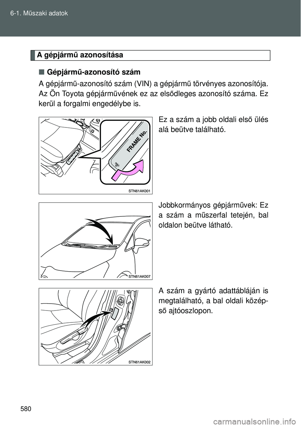 TOYOTA VERSO 2015 Kezelési útmutató (in Hungarian) 580
6-1. M
űszaki adatok
A gépjárm ű azonosítása
Gépjárm ű-azonosító szám
A gépjárm ű-azonosító szám (VIN) a gépjármű törvényes azonosítója.
Az Ön Toyota gépjárm űvé TOYOTA VERSO 2015 Kezelési útmutató (in Hungarian) 580
6-1. M
űszaki adatok
A gépjárm ű azonosítása
Gépjárm ű-azonosító szám
A gépjárm ű-azonosító szám (VIN) a gépjármű törvényes azonosítója.
Az Ön Toyota gépjárm űvé