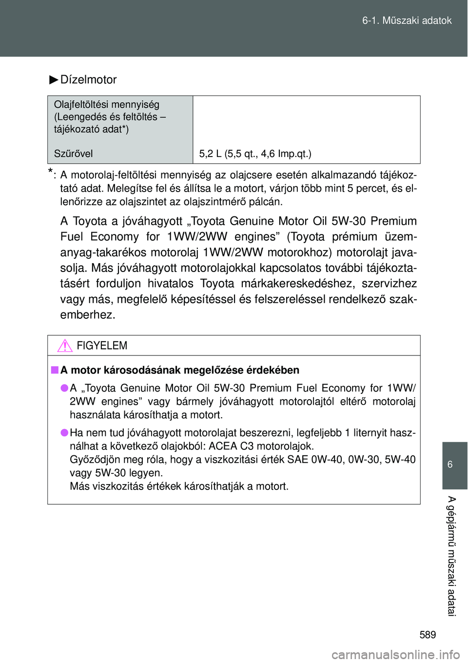 TOYOTA VERSO 2015 Kezelési útmutató (in Hungarian) 589
6-1. M
űszaki adatok
6
A gépjárm ű m űszaki adatai
Dízelmotor
*: A motorolaj-feltöltési mennyiség az olajcsere esetén alkalma\
zandó tájékoz-
tató adat. Melegítse fel és állítsa TOYOTA VERSO 2015 Kezelési útmutató (in Hungarian) 589
6-1. M
űszaki adatok
6
A gépjárm ű m űszaki adatai
Dízelmotor
*: A motorolaj-feltöltési mennyiség az olajcsere esetén alkalma\
zandó tájékoz-
tató adat. Melegítse fel és állítsa