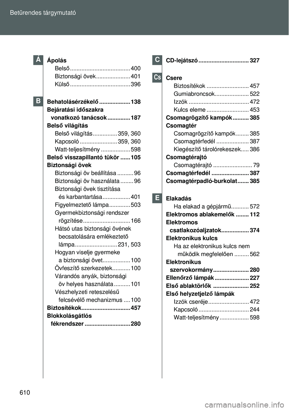 TOYOTA VERSO 2015 Kezelési útmutató (in Hungarian) 610
Bet
űrendes tárgymutató
Ápolás
Bels ő...................... ............... 400
Biztonsági övek ..................... 401
Küls ő...................... ............... 396
Behatolásérz TOYOTA VERSO 2015 Kezelési útmutató (in Hungarian) 610
Bet
űrendes tárgymutató
Ápolás
Bels ő...................... ............... 400
Biztonsági övek ..................... 401
Küls ő...................... ............... 396
Behatolásérz