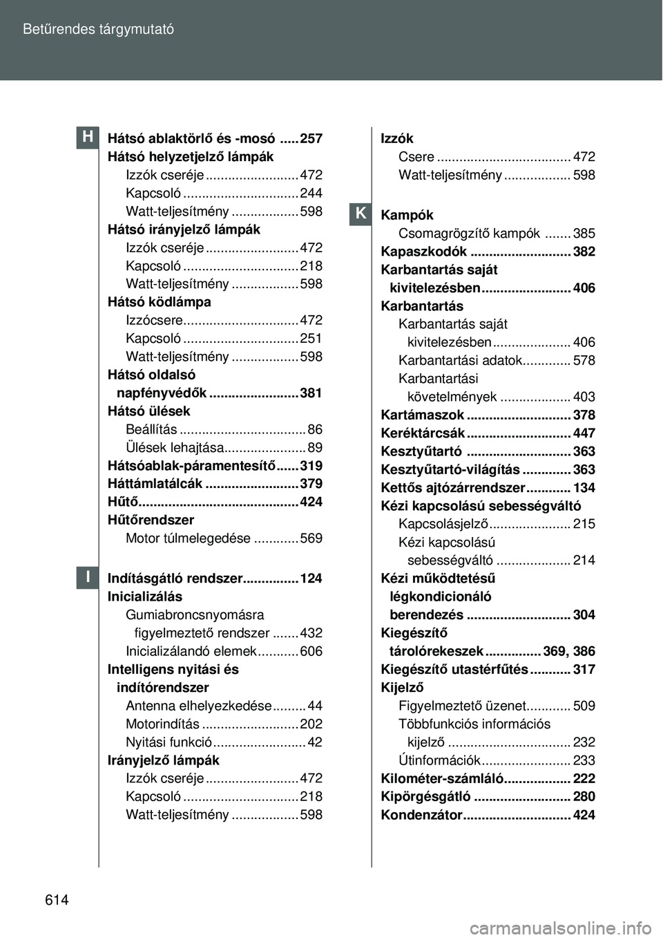 TOYOTA VERSO 2015 Kezelési útmutató (in Hungarian) 614
Bet
űrendes tárgymutató
Hátsó ablaktörl ő és -mosó ..... 257
Hátsó helyzetjelző lámpák Izzók cseréje ......................... 472
Kapcsoló ........... .................... 244
W TOYOTA VERSO 2015 Kezelési útmutató (in Hungarian) 614
Bet
űrendes tárgymutató
Hátsó ablaktörl ő és -mosó ..... 257
Hátsó helyzetjelző lámpák Izzók cseréje ......................... 472
Kapcsoló ........... .................... 244
W