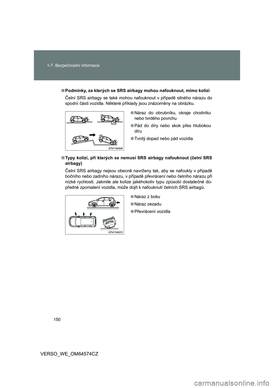 TOYOTA VERSO 2015 Návod na použití (in Czech) 150 1-7. Bezpečnostní informace
VERSO_WE_OM64574CZ
■Podmínky, za kterých se SRS airbagy mohou nafouknout, mimo kolizi
Čelní SRS airbagy se také mohou nafouknout v případě silného nárazu TOYOTA VERSO 2015 Návod na použití (in Czech) 150 1-7. Bezpečnostní informace
VERSO_WE_OM64574CZ
■Podmínky, za kterých se SRS airbagy mohou nafouknout, mimo kolizi
Čelní SRS airbagy se také mohou nafouknout v případě silného nárazu