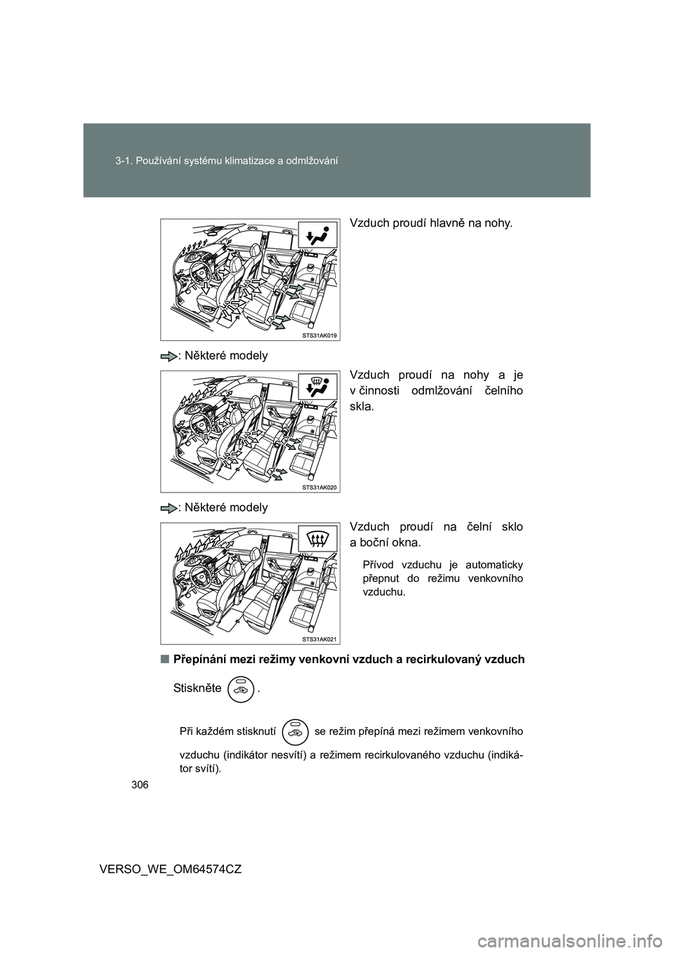 TOYOTA VERSO 2015 Návod na použití (in Czech) 306 3-1. Používání systému klimatizace a odmlžování
VERSO_WE_OM64574CZVzduch proudí hlavně na nohy.
: Některé modely
Vzduch proudí na nohy a je
včinnosti odmlžování čelního
skla.
: TOYOTA VERSO 2015 Návod na použití (in Czech) 306 3-1. Používání systému klimatizace a odmlžování
VERSO_WE_OM64574CZVzduch proudí hlavně na nohy.
: Některé modely
Vzduch proudí na nohy a je
včinnosti odmlžování čelního
skla.
: