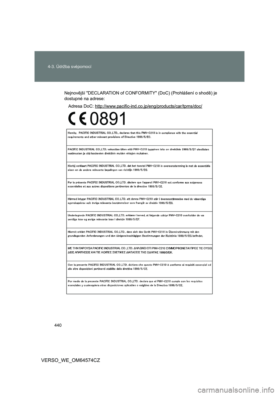 TOYOTA VERSO 2015 Návod na použití (in Czech) 440
4-3. Údržba svépomocí
VERSO_WE_OM64574CZ
Nejnov ější "DECLARATION of CONFORMITY" (DoC) (Prohlášení o shodě) je
dostupné na adrese:
Adresa DoC: http://www.pacific-ind.co.jp/eng/produ TOYOTA VERSO 2015 Návod na použití (in Czech) 440
4-3. Údržba svépomocí
VERSO_WE_OM64574CZ
Nejnov ější "DECLARATION of CONFORMITY" (DoC) (Prohlášení o shodě) je
dostupné na adrese:
Adresa DoC: http://www.pacific-ind.co.jp/eng/produ