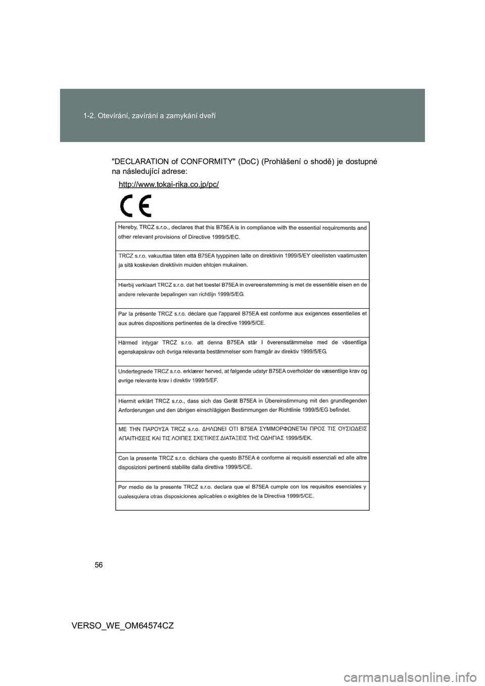 TOYOTA VERSO 2015  Návod na použití (in Czech) 56 
1-2. Otevírání, zavír ání a zamykání dveří
VERSO_WE_OM64574CZ
"DECLARATION of CONFORMITY" (DoC) (Prohlášení o shodě) je dostupné 
na následující adrese: 
http://www.tokai-rika.co