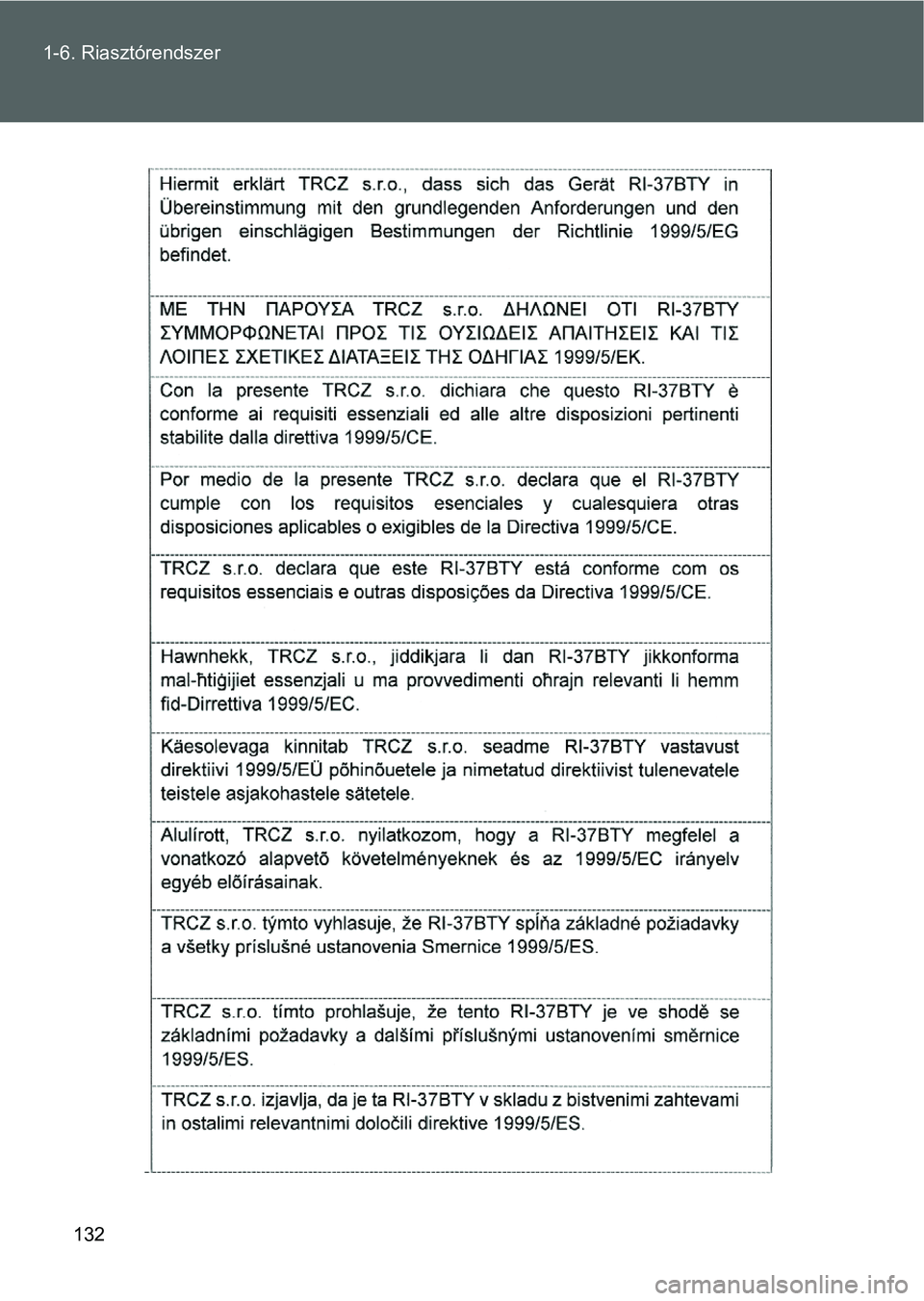 TOYOTA VERSO 2016  Kezelési útmutató (in Hungarian) 132 1-6. Riasztórendszer 