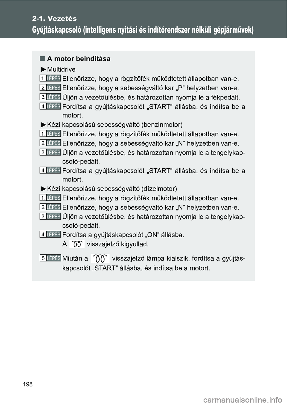 TOYOTA VERSO 2016  Kezelési útmutató (in Hungarian) 198
2-1. Vezetés
Gyújtáskapcsoló (intelligens nyitási és indítórendszer nélküli gépjárművek)
A motor beindítása
Multidrive
Ellenőrizze, hogy a rögzítőfék működtetett állapotb