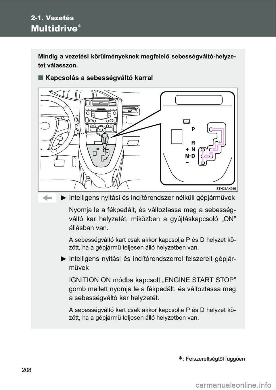 TOYOTA VERSO 2016 Kezelési útmutató (in Hungarian) 208
2-1. Vezetés
Multidrive
: Felszereltségtől függően
Mindig a vezetési körülményeknek megfelelő sebességváltó-helyze-
tet válasszon.
Kapcsolás a sebességváltó karral
Intel TOYOTA VERSO 2016 Kezelési útmutató (in Hungarian) 208
2-1. Vezetés
Multidrive
: Felszereltségtől függően
Mindig a vezetési körülményeknek megfelelő sebességváltó-helyze-
tet válasszon.
Kapcsolás a sebességváltó karral
Intel