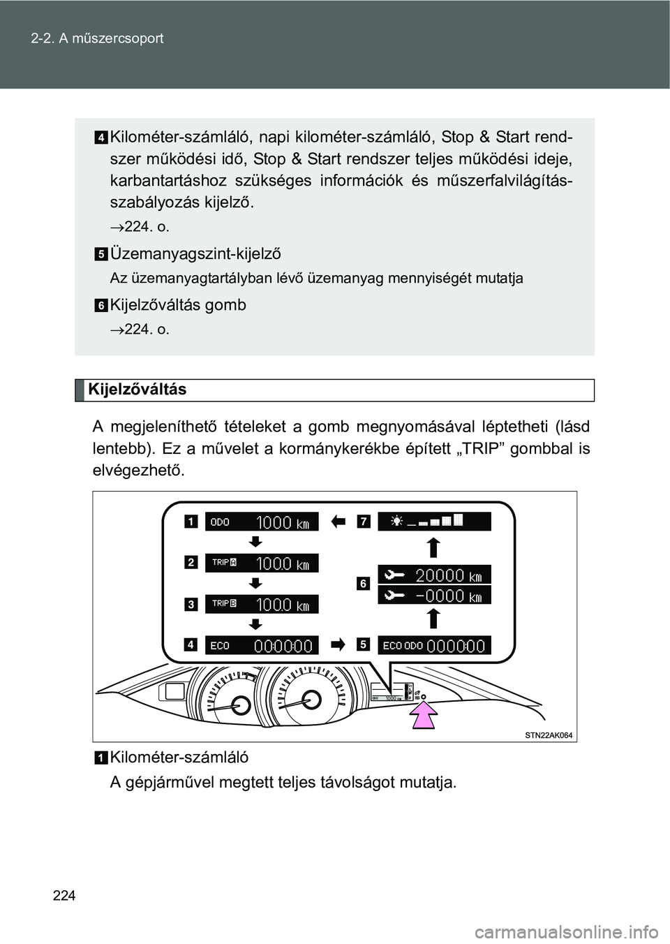 TOYOTA VERSO 2016 Kezelési útmutató (in Hungarian) 224 2-2. A műszercsoport
Kijelzőváltás
A megjeleníthető tételeket a gomb megnyomásával léptetheti (lásd
lentebb). Ez a művelet a kormánykerékbe épített „TRIP” gombbal is
elvégezhe TOYOTA VERSO 2016 Kezelési útmutató (in Hungarian) 224 2-2. A műszercsoport
Kijelzőváltás
A megjeleníthető tételeket a gomb megnyomásával léptetheti (lásd
lentebb). Ez a művelet a kormánykerékbe épített „TRIP” gombbal is
elvégezhe