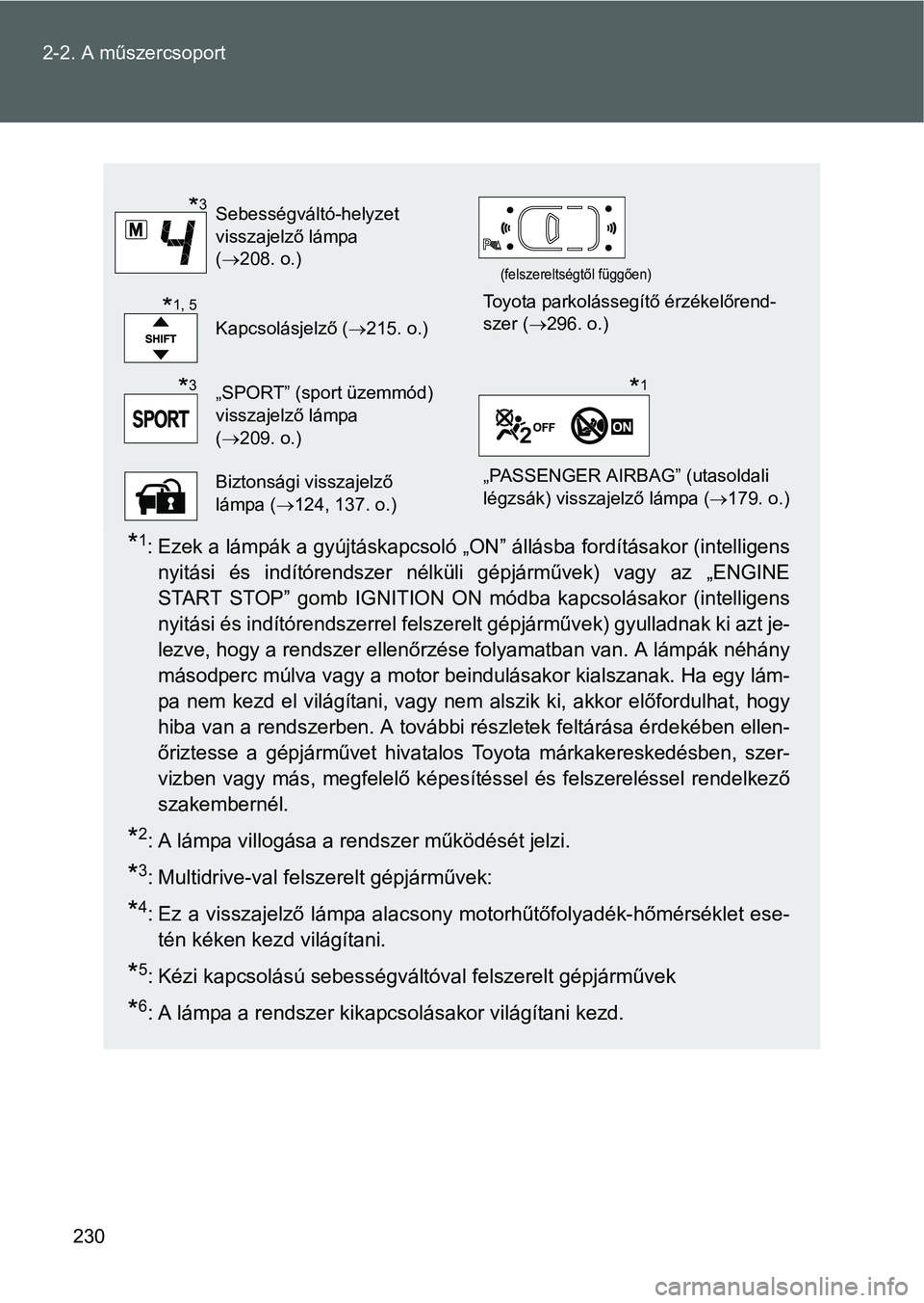 TOYOTA VERSO 2016 Kezelési útmutató (in Hungarian) 230 2-2. A műszercsoport
*1: Ezek a lámpák a gyújtáskapcsoló „ON” állásba fordításakor (intelligens
nyitási és indítórendszer nélküli gépjárművek) vagy az „ENGINE
START STOP TOYOTA VERSO 2016 Kezelési útmutató (in Hungarian) 230 2-2. A műszercsoport
*1: Ezek a lámpák a gyújtáskapcsoló „ON” állásba fordításakor (intelligens
nyitási és indítórendszer nélküli gépjárművek) vagy az „ENGINE
START STOP
