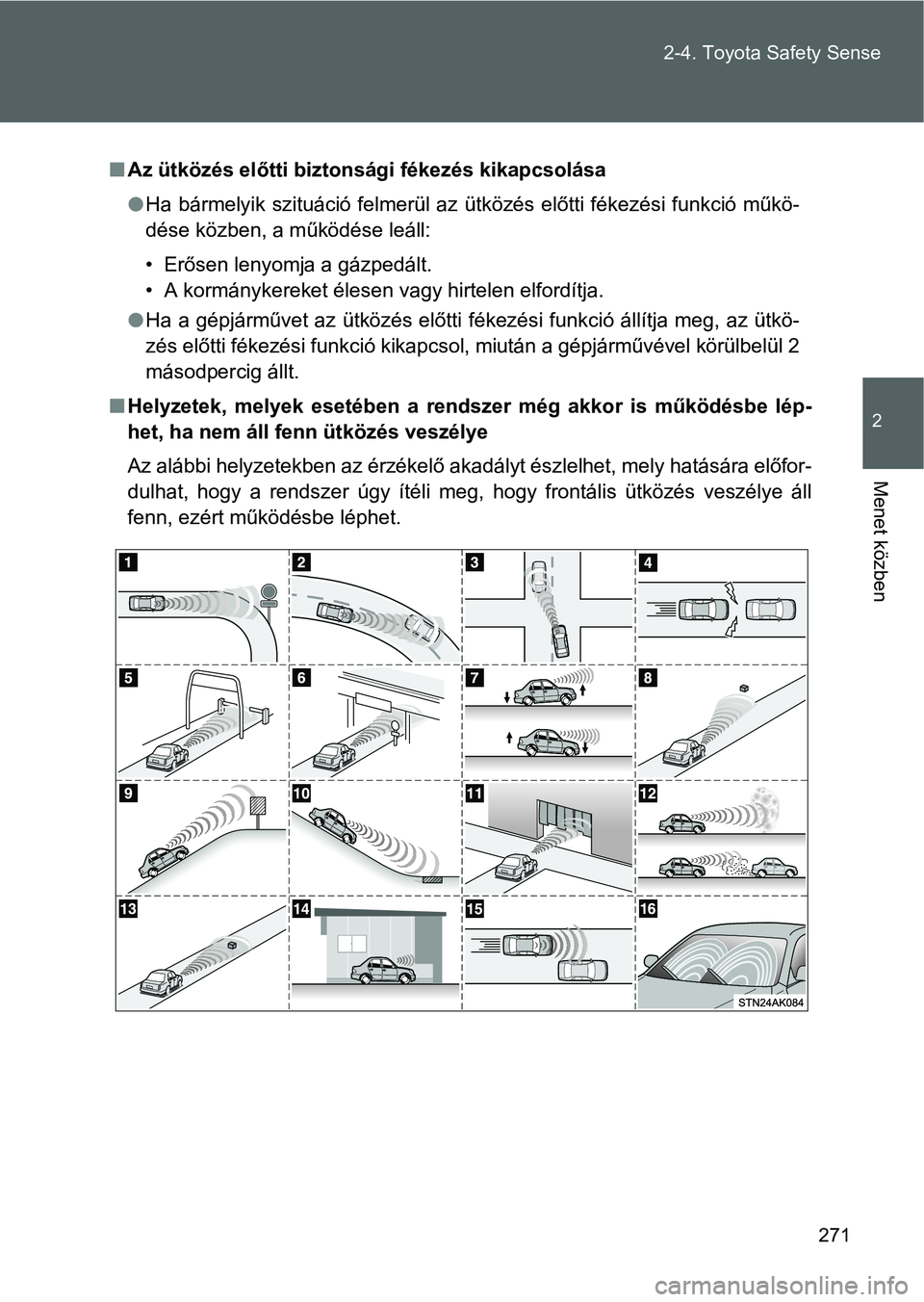 TOYOTA VERSO 2016 Kezelési útmutató (in Hungarian) 271 2-4. Toyota Safety Sense
2
Menet közben
Az ütközés előtti biztonsági fékezés kikapcsolása
Ha bármelyik szituáció felmerül az ütközés előtti fékezési funkció műkö-
dése TOYOTA VERSO 2016 Kezelési útmutató (in Hungarian) 271 2-4. Toyota Safety Sense
2
Menet közben
Az ütközés előtti biztonsági fékezés kikapcsolása
Ha bármelyik szituáció felmerül az ütközés előtti fékezési funkció műkö-
dése