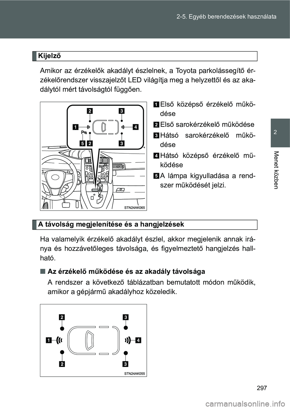 TOYOTA VERSO 2016 Kezelési útmutató (in Hungarian) 297 2-5. Egyéb berendezések használata
2
Menet közben
Kijelző
Amikor az érzékelők akadályt észlelnek, a Toyota parkolássegítő ér-
zékelőrendszer visszajelzőt LED világítja meg a hel TOYOTA VERSO 2016 Kezelési útmutató (in Hungarian) 297 2-5. Egyéb berendezések használata
2
Menet közben
Kijelző
Amikor az érzékelők akadályt észlelnek, a Toyota parkolássegítő ér-
zékelőrendszer visszajelzőt LED világítja meg a hel