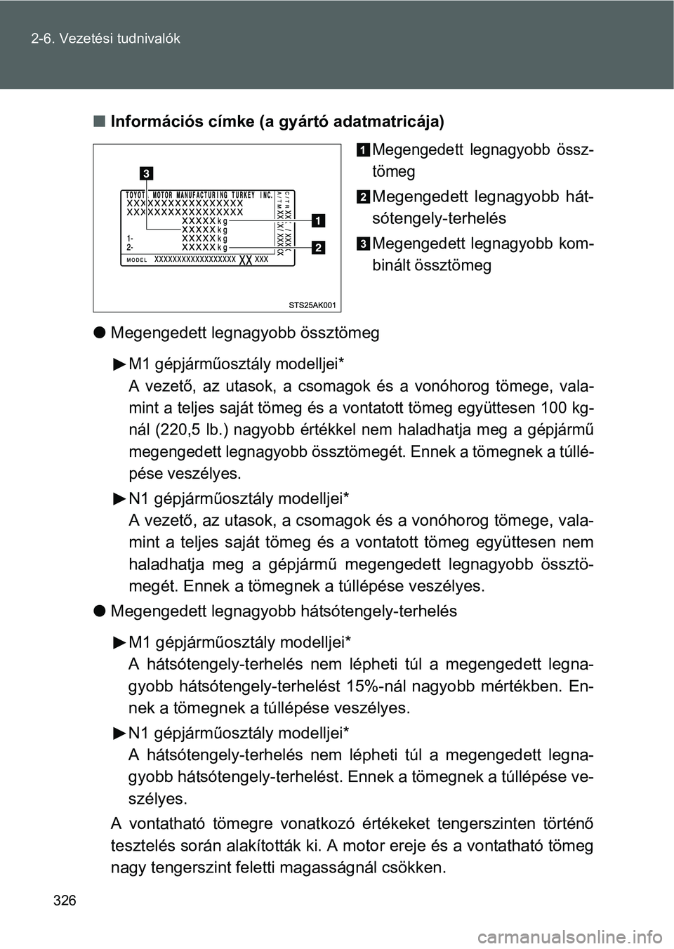 TOYOTA VERSO 2016 Kezelési útmutató (in Hungarian) 326 2-6. Vezetési tudnivalók
Információs címke (a gyártó adatmatricája)
Megengedett legnagyobb össz-
tömeg
Megengedett legnagyobb hát-
sótengely-terhelés
Megengedett legnagyobb kom-
bi TOYOTA VERSO 2016 Kezelési útmutató (in Hungarian) 326 2-6. Vezetési tudnivalók
Információs címke (a gyártó adatmatricája)
Megengedett legnagyobb össz-
tömeg
Megengedett legnagyobb hát-
sótengely-terhelés
Megengedett legnagyobb kom-
bi