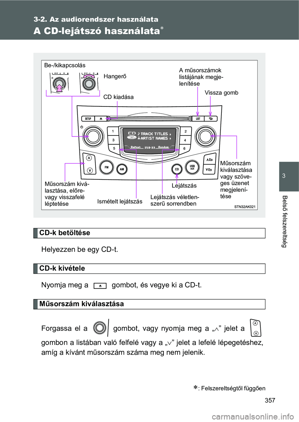 TOYOTA VERSO 2016 Kezelési útmutató (in Hungarian) 357
3-2. Az audiorendszer használata
3
Belső felszereltség
A CD-lejátszó használata
CD-k betöltése
Helyezzen be egy CD-t.
CD-k kivétele
Nyomja meg a gombot, és vegye ki a CD-t.
Műsorsz TOYOTA VERSO 2016 Kezelési útmutató (in Hungarian) 357
3-2. Az audiorendszer használata
3
Belső felszereltség
A CD-lejátszó használata
CD-k betöltése
Helyezzen be egy CD-t.
CD-k kivétele
Nyomja meg a gombot, és vegye ki a CD-t.
Műsorsz