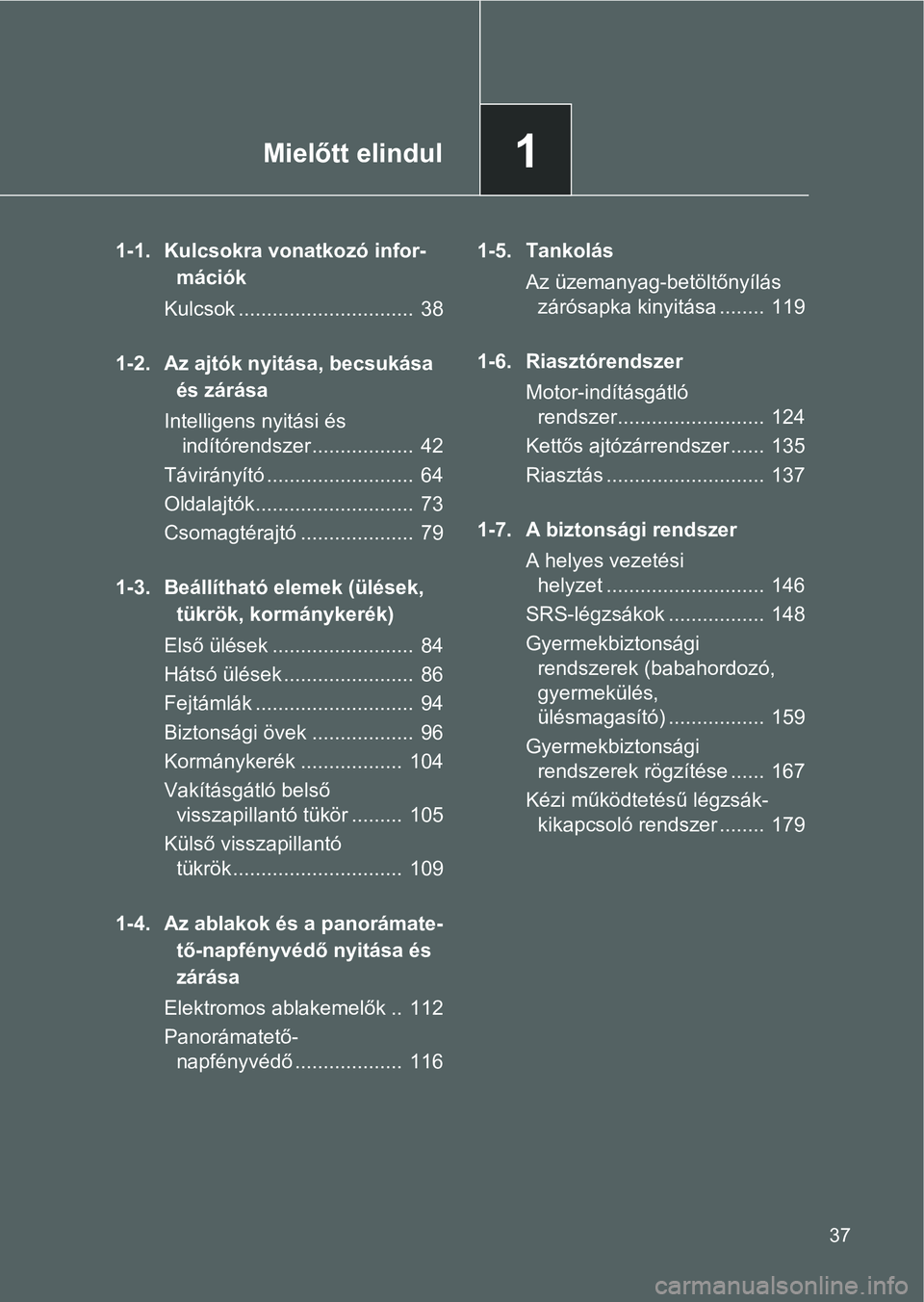 TOYOTA VERSO 2016  Kezelési útmutató (in Hungarian) 1Mielőtt elindul
37
1-1. Kulcsokra vonatkozó infor-
mációk
Kulcsok ...............................  38
1-2. Az ajtók nyitása, becsukása 
és zárása
Intelligens nyitási és
 indítórendszer 
