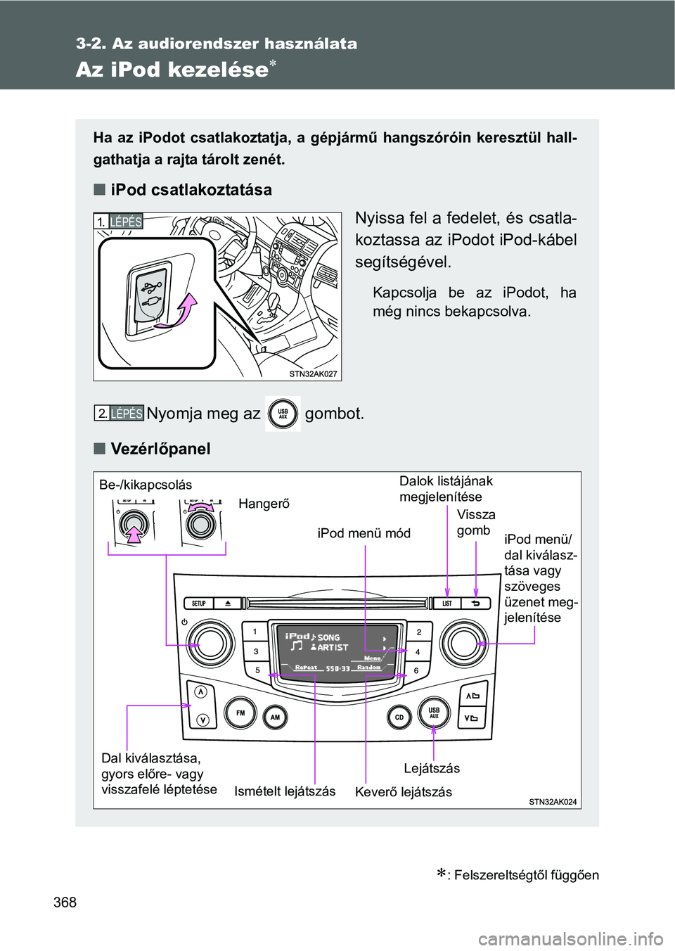 TOYOTA VERSO 2016 Kezelési útmutató (in Hungarian) 368
3-2. Az audiorendszer használata
Az iPod kezelése
: Felszereltségtől függően
Ha az iPodot csatlakoztatja, a gépjármű hangszóróin keresztül hall-
gathatja a rajta tárolt zenét.
TOYOTA VERSO 2016 Kezelési útmutató (in Hungarian) 368
3-2. Az audiorendszer használata
Az iPod kezelése
: Felszereltségtől függően
Ha az iPodot csatlakoztatja, a gépjármű hangszóróin keresztül hall-
gathatja a rajta tárolt zenét.