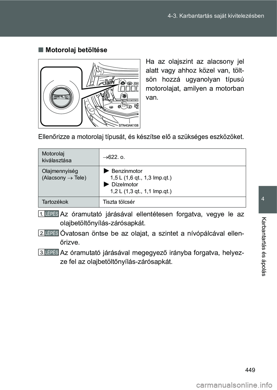 TOYOTA VERSO 2016  Kezelési útmutató (in Hungarian) 449 4-3. Karbantartás saját kivitelezésben
4
Karbantartás és ápolás
Motorolaj betöltése
Ha az olajszint az alacsony jel
alatt vagy ahhoz közel van, tölt-
sön hozzá ugyanolyan típusú
