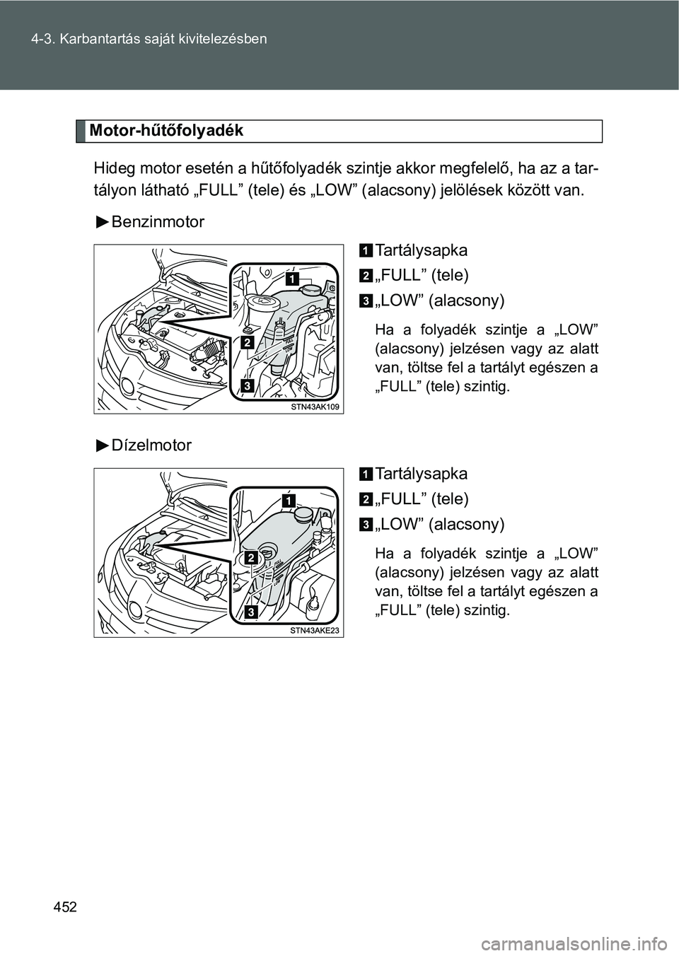 TOYOTA VERSO 2016 Kezelési útmutató (in Hungarian) 452 4-3. Karbantartás saját kivitelezésben
Motor-hűtőfolyadék
Hideg motor esetén a hűtőfolyadék szintje akkor megfelelő, ha az a tar-
tályon látható „FULL” (tele) és „LOW” (alac TOYOTA VERSO 2016 Kezelési útmutató (in Hungarian) 452 4-3. Karbantartás saját kivitelezésben
Motor-hűtőfolyadék
Hideg motor esetén a hűtőfolyadék szintje akkor megfelelő, ha az a tar-
tályon látható „FULL” (tele) és „LOW” (alac