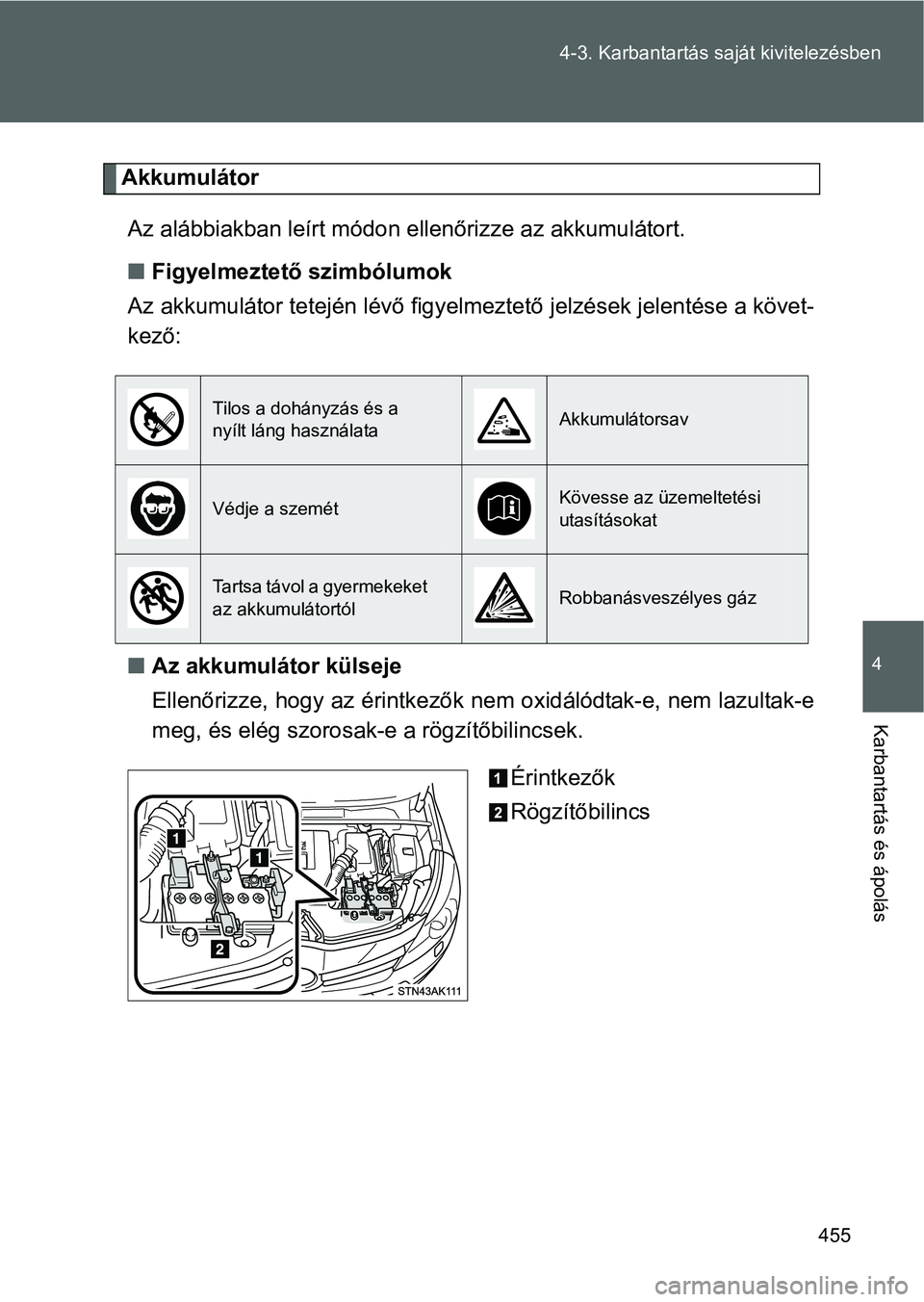 TOYOTA VERSO 2016 Kezelési útmutató (in Hungarian) 455 4-3. Karbantartás saját kivitelezésben
4
Karbantartás és ápolás
Akkumulátor
Az alábbiakban leírt módon ellenőrizze az akkumulátort.
Figyelmeztető szimbólumok
Az akkumulátor tete TOYOTA VERSO 2016 Kezelési útmutató (in Hungarian) 455 4-3. Karbantartás saját kivitelezésben
4
Karbantartás és ápolás
Akkumulátor
Az alábbiakban leírt módon ellenőrizze az akkumulátort.
Figyelmeztető szimbólumok
Az akkumulátor tete
