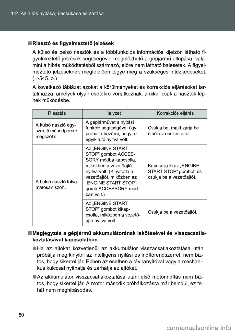 TOYOTA VERSO 2016 Kezelési útmutató (in Hungarian) 50 1-2. Az ajtók nyitása, becsukása és zárása
Riasztó és figyelmeztető jelzések
A külső és belső riasztók és a többfunkciós információs kijelzőn látható fi-
gyelmeztető jelz TOYOTA VERSO 2016 Kezelési útmutató (in Hungarian) 50 1-2. Az ajtók nyitása, becsukása és zárása
Riasztó és figyelmeztető jelzések
A külső és belső riasztók és a többfunkciós információs kijelzőn látható fi-
gyelmeztető jelz