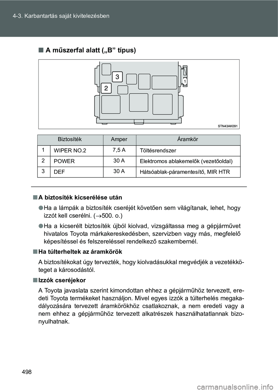 TOYOTA VERSO 2016 Kezelési útmutató (in Hungarian) 498 4-3. Karbantartás saját kivitelezésben
A műszerfal alatt („B” típus)
BiztosítékAmperÁramkör
1
WIPER NO.27,5 A
Töltésrendszer
2
POWER30 A
Elektromos ablakemelők (vezetőoldal)
3
TOYOTA VERSO 2016 Kezelési útmutató (in Hungarian) 498 4-3. Karbantartás saját kivitelezésben
A műszerfal alatt („B” típus)
BiztosítékAmperÁramkör
1
WIPER NO.27,5 A
Töltésrendszer
2
POWER30 A
Elektromos ablakemelők (vezetőoldal)
3