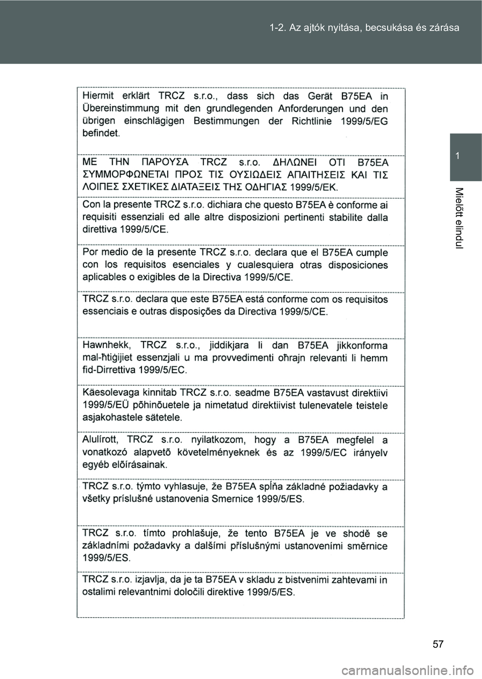 TOYOTA VERSO 2016 Kezelési útmutató (in Hungarian) 57 1-2. Az ajtók nyitása, becsukása és zárása
1
Mielőtt elindul TOYOTA VERSO 2016 Kezelési útmutató (in Hungarian) 57 1-2. Az ajtók nyitása, becsukása és zárása
1
Mielőtt elindul