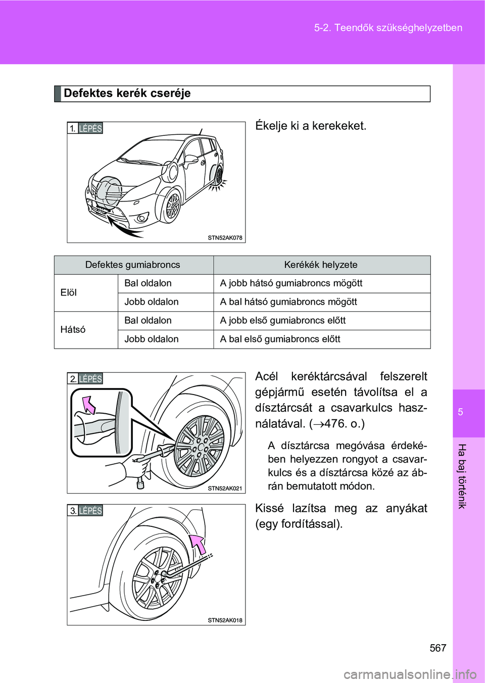 TOYOTA VERSO 2016  Kezelési útmutató (in Hungarian) 5
567 5-2. Teendők szükséghelyzetben
Ha baj történik
Defektes kerék cseréje
Ékelje ki a kerekeket.
Acél keréktárcsával felszerelt
gépjármű esetén távolítsa el a
dísztárcsát a csav