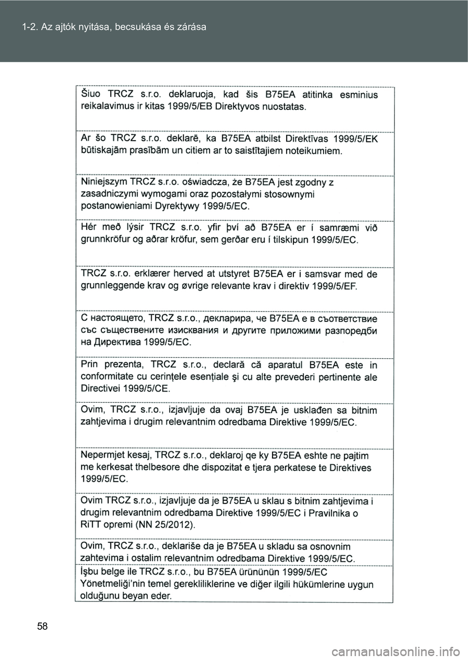 TOYOTA VERSO 2016 Kezelési útmutató (in Hungarian) 58 1-2. Az ajtók nyitása, becsukása és zárása TOYOTA VERSO 2016 Kezelési útmutató (in Hungarian) 58 1-2. Az ajtók nyitása, becsukása és zárása